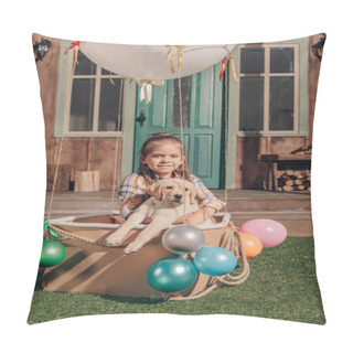 Personality  Girl With Puppy In Air Balloon Box Pillow Covers