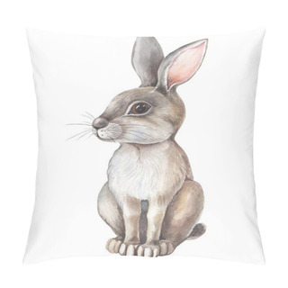 Personality  Watercolor Gray Hare On White Background. Isolated Of Grey Rabbit.Cute Cartoon Character. Watercolour Illustration With Wild Forest Animal. Pillow Covers