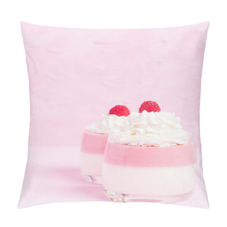 Personality  Raspberry Panna Cotta Decorated With Cream And Ripe Berry On Pastel Pink Background - Close Up Photography Of Sweet Dairy Dessert With Summer Fruits In Beautiful Glasses. Pillow Covers