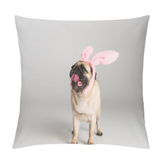 Personality  Purebred Pug Dog In Pink Headband With Bunny Ears Standing On Grey Background  Pillow Covers