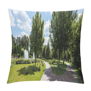 Personality  Panoramic Shot Of Green Trees On Grass Near Fountains Pillow Covers