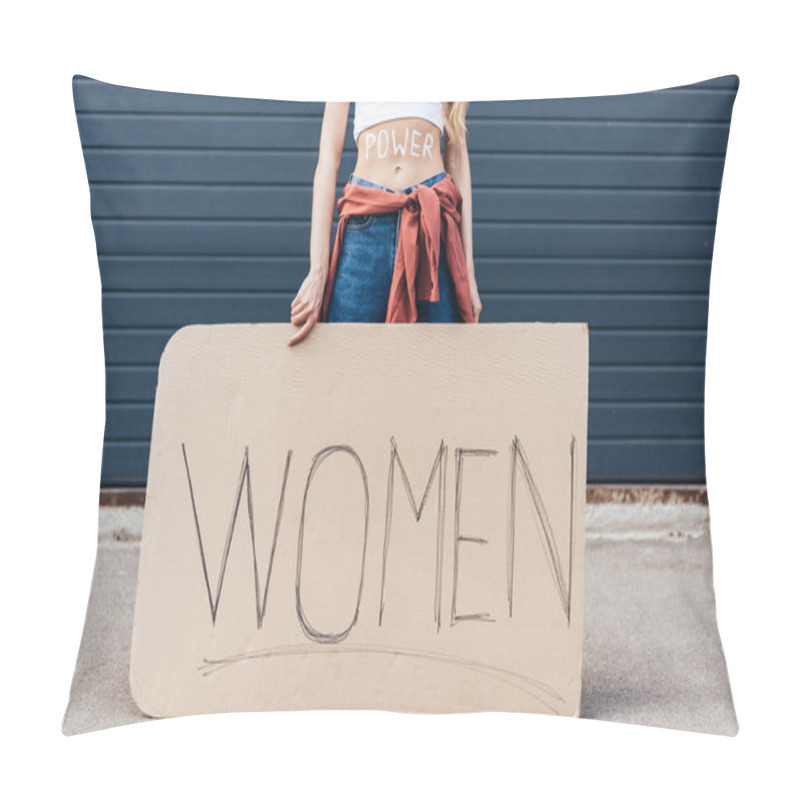 Personality  Cropped View Of Feminist With Inscription Power On Belly Holding Placard With Slogan Women On Street Pillow Covers