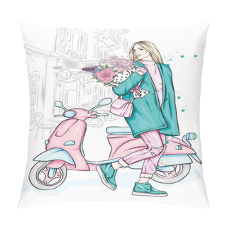 Personality Beautiful Girl In A Stylish Coat, Jeans And Shoes. Vector Illustration For A Postcard Or A Poster. Fashion And Style, Clothing And Accessories. Bouquet Of Peony And Roses. Flowers. Vintage Moped. Pillow Covers