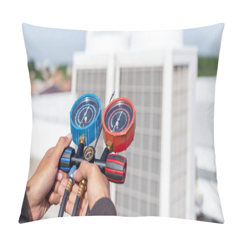 Personality  Air Repair Mechanic Using Measuring Equipment For Filling Industrial Factory Air Conditioners And Checking Maintenance Outdoor Air Compressor Unit. Pillow Covers