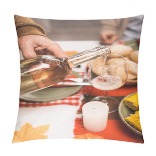 Personality  Cropped View Of Senior Man Pouring White Wine Into Glass During Thanksgiving Dinner Pillow Covers