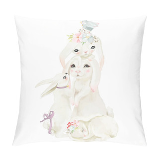 Personality  Cute White Bunnies With Tied Bow, Floral Wreath And Flowers Bouquets And Little Bird Pillow Covers