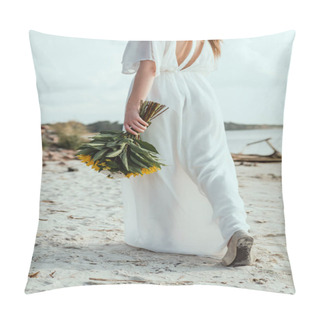 Personality  Cropped View Of Girl In White Dress Holding Bouquet On Beach Pillow Covers
