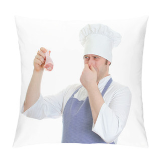 Personality  Chef Cook Holding Rotten Chicken Leg. Isolated On White Pillow Covers