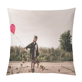 Personality  Selective Focus Of Cute Kid With Gas Mask Holding Balloon, Post Apocalyptic Concept Pillow Covers