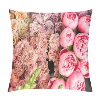 Personality  Floral Carpet Or Wallpaper. Background Of Mix Of Flowers. Beautiful Flower For Catalog Or Online Store. Floral Shop And Delivery Concept. Top View. Copy Space Pillow Covers