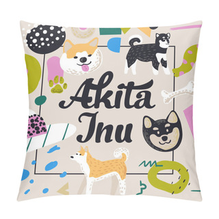 Personality  Cute Dogs Design. Childish Background With Akita Inu And Abstract Elements. Baby Freehand Doodle For Covers, Decor. Vector Illustration Pillow Covers