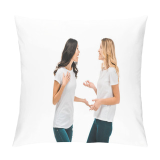 Personality  Happy Young Women In White T-shirts Talking And Looking At Each Other Isolated On White Pillow Covers
