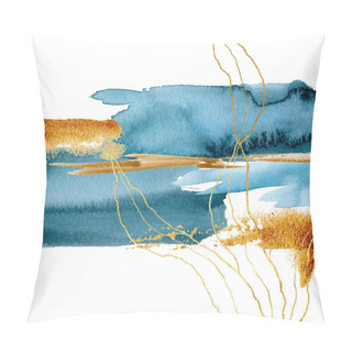 Personality  Watercolor Blue Abstract Card With Underwater Plant. Hand Painted Golden Laminaria Branch With Leaves, Blue And Gold Watercolor Washes. Marine Illustration For Design, Print, Fabric Or Background. Pillow Covers