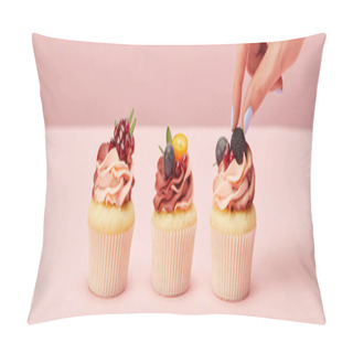 Personality  Panoramic Shot Of Woman With Cupcakes On Pink Surface Pillow Covers