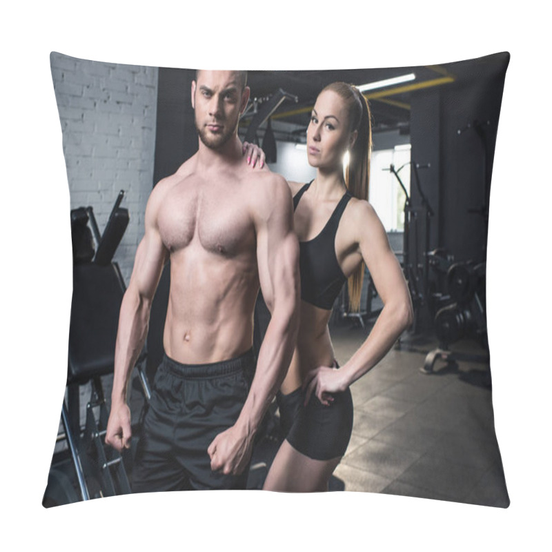 Personality  Sportive Couple Posing At Gym Pillow Covers