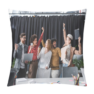 Personality  Excited Multiethnic Businesspeople Showing Success Gesture In Advertising Agency Pillow Covers
