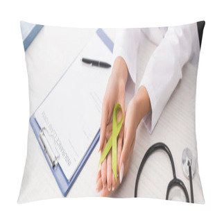 Personality  Cropped View Of Doctor Holding Green Awareness Ribbon Near Stethoscope And Insurance Claim Form, Mental Health Concept, Horizontal Image Pillow Covers