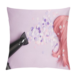 Personality  Top View Of Hair Dryer, Confetti And Pink Wig On Purple Pillow Covers
