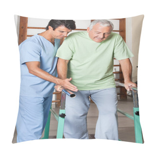 Personality  Therapist Assisting Senior Man To Walk With The Support Of Bars Pillow Covers