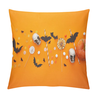 Personality  Top View Of Pumpkin, Skulls, Bats And Spiders With Confetti On Orange Background, Halloween Decoration Pillow Covers