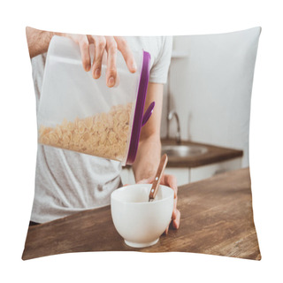 Personality  Partial View Making Breakfast With Corn Flakes In Kitchen At Home Pillow Covers
