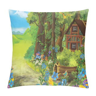 Personality  Cartoon Summer Scene With Meadow In The Forest And Hidden Wooden House Illustration For Children Pillow Covers