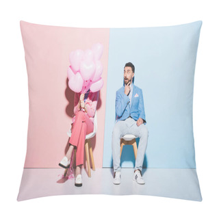 Personality  Woman Holding Balloons And Shocked Man On Pink And Blue Background  Pillow Covers
