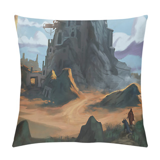 Personality  Traveler And His Dog Walking Up To An Ancient Civilization Fortress In A Rocky Desert - Digital Fantasy Landscape Painting Pillow Covers