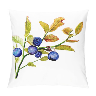 Personality  Watercolor Illustration Of Blue Huckleberry Branch With Leaves For Healthy Life On White Isolated Background Pillow Covers