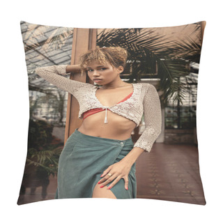 Personality  Trendy Young African American Woman In Summer Knitted Top And Skirt Looking At Camera While Standing Near Entrance Of Indoor Garden, Fashionable Woman Enjoying Summer Vibes Pillow Covers