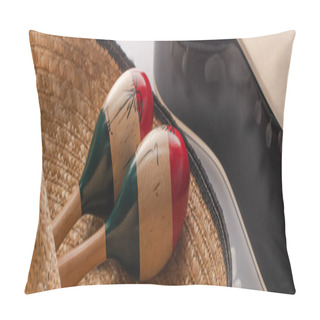 Personality  Close Up View Of Wooden Maracas On Sombrero And Acoustic Guitar On White Background, Panoramic Shot Pillow Covers