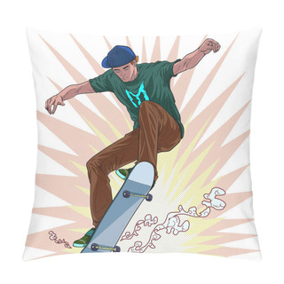 Personality  Young Men Skateboard Fun High Jump Illustration Vector On Pop Art Comics Style Abstract Dot Background Pillow Covers