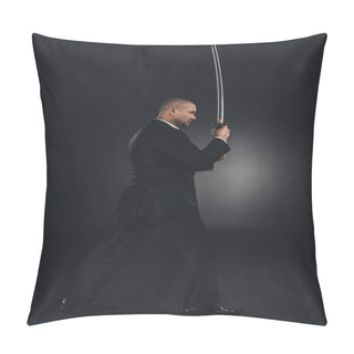 Personality  Side View Of Yakuza Member In Suit With Katana Sword On Black Pillow Covers