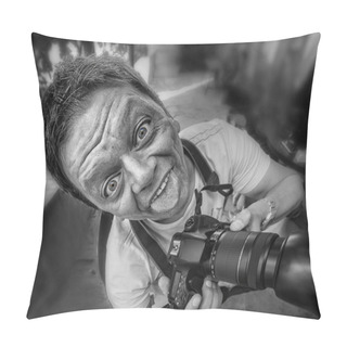 Personality  Close-up Of A Reporter / Photographer With Camera And Crazy Comical Face Pillow Covers