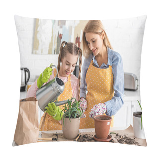 Personality  Cute Child Watering Aloe With Mother Near Table With Paper Bag, Gardening Tools And Flowerpots In Kitchen Pillow Covers