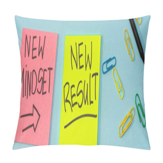 Personality  Top View Of Sticky Notes With New Mindset And New Result Lettering With Paper Clips And Pencil On Blue, Panoramic Shot Pillow Covers