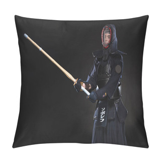 Personality  Kendo Fighter In Armor Practicing With Bamboo Sword On Black Pillow Covers