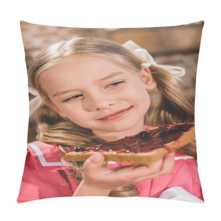 Personality  Adorable Happy Little Girl Eating Toast With Jam Pillow Covers