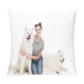 Personality  Smiling Girl Sitting With Dogs On White Pillow Covers