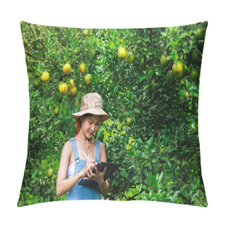Personality  Orange Farm Female Owner Inspecting Quality Tangerine Fruits Products In Her Garden, Pillow Covers