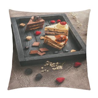 Personality  Close-up View Of Pieces Of Delicious Cakes With Chocolate And Berries On Wooden Tray   Pillow Covers