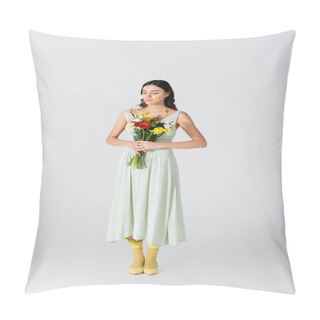 Personality  Full Length Of Young Woman With Petals On Face Holding Bouquet Of Flowers Isolated On White Pillow Covers