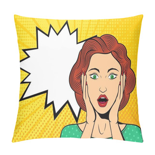 Personality  Pop Art Surprised Female Face With Open Mouth. Comic Woman With Speech Bubble. Retro Dotted Background. Stock Vector Illustration. Pillow Covers
