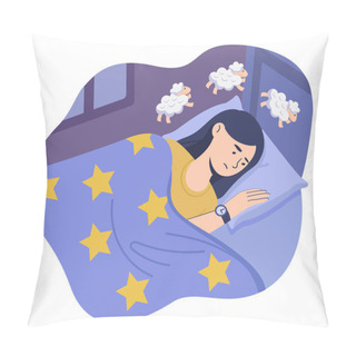 Personality  Woman Falling Asleep. Young Girl Lies On Bed Under Blanket And Counts Sheep. Restoration Of Strength And Correct Regime Of Day, Fight Against Insomnia. Cartoon Flat Vector Illustration Pillow Covers