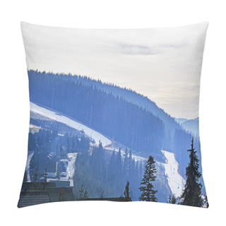 Personality  Wooden Houses Made Of Solid Wood On A Gentle Slope In The Early Morning. Active Recreation Pillow Covers