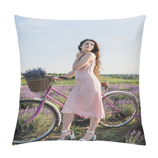 Personality  Brunette Woman With Bike And Lavender In Wicker Basket Looking Away Outdoors Pillow Covers