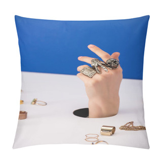 Personality  Selective Focus Of Woman With Bracelet On Hand Near Golden Rings Isolated On Blue Pillow Covers
