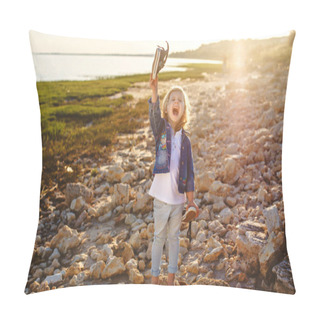 Personality  The Girl Screams With Joy On The Stony Beach Raising Her Hand With A Shoe Up Pillow Covers