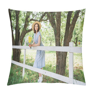 Personality  Happy Woman In Dress Holding Chrysanthemums Near Fence In Summer Park  Pillow Covers
