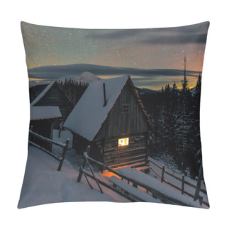 Personality  Cozy Light In Wooden Cabin In Winter Carpathian Mountains Pillow Covers